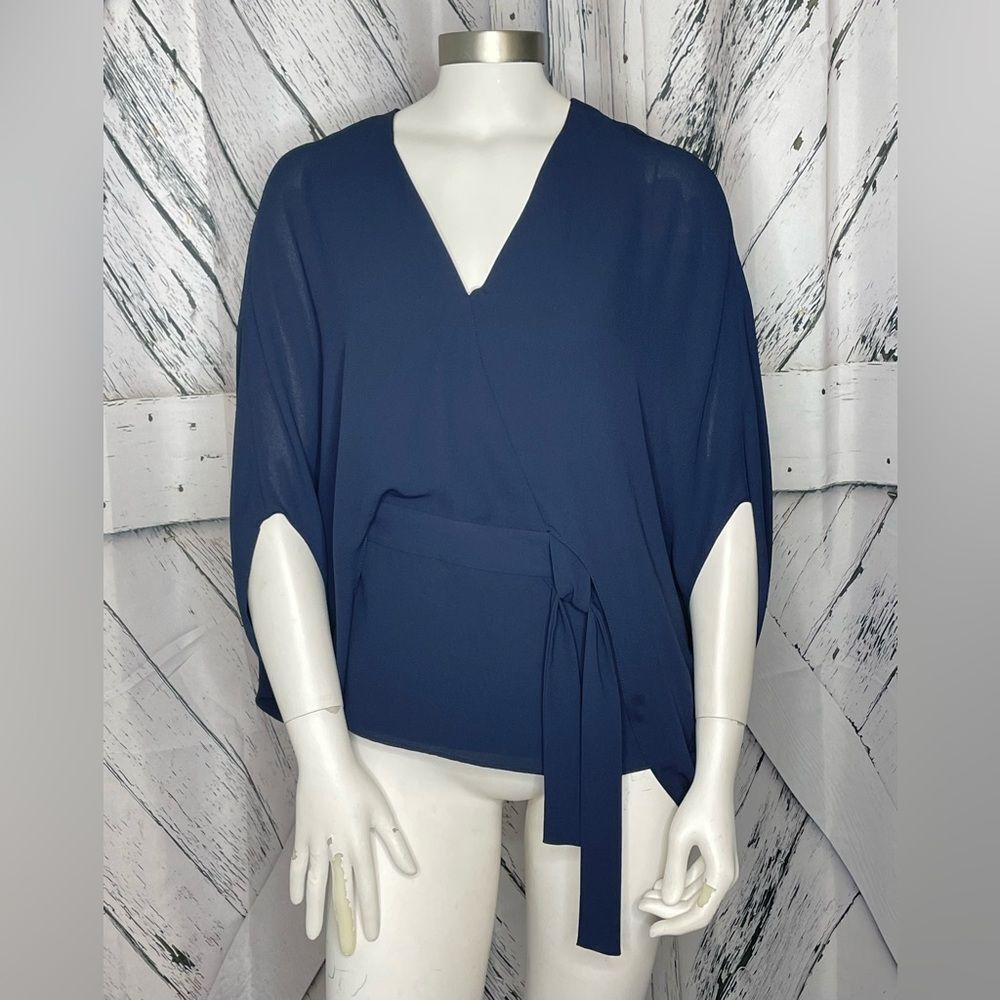 NWT Halston Drape Sleeve Blouse Top Navy Size 2